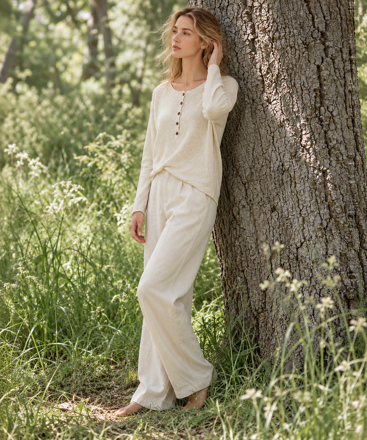 Henley Linen-Blend Long Sleeve Top — Ivory — image 1