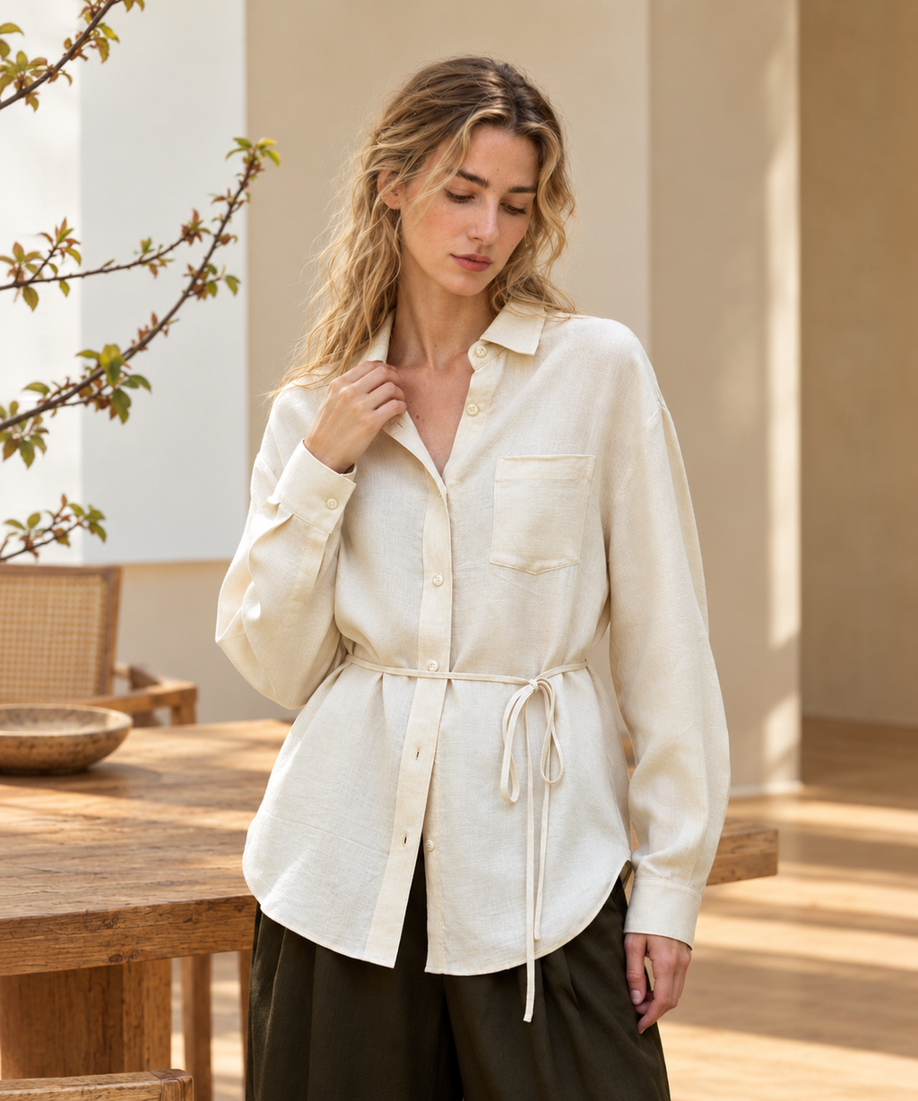 French Inspired Tie Waist Shirt — Ivory — image 2