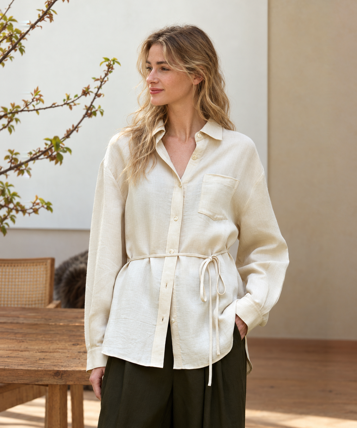 French Inspired Tie Waist Shirt — Ivory — image 4