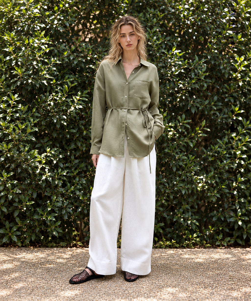 French Inspired Tie Waist Shirt — Sage — image 1