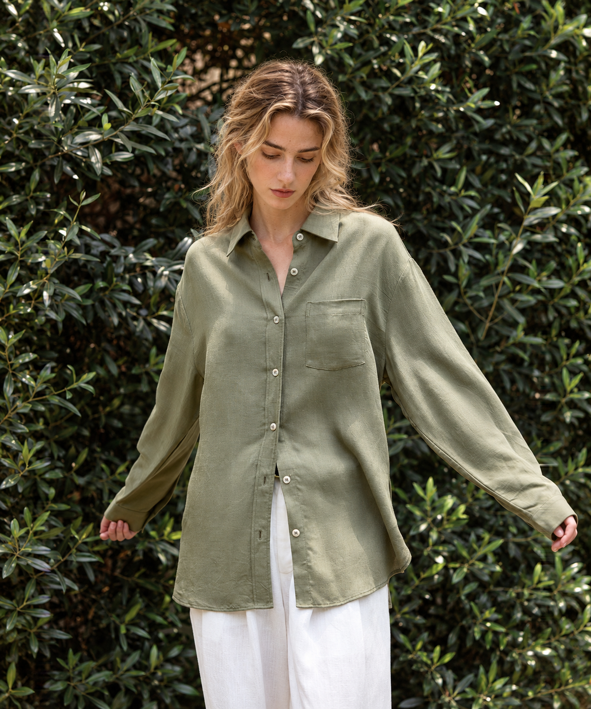 French Inspired Tie Waist Shirt — Sage — image 2