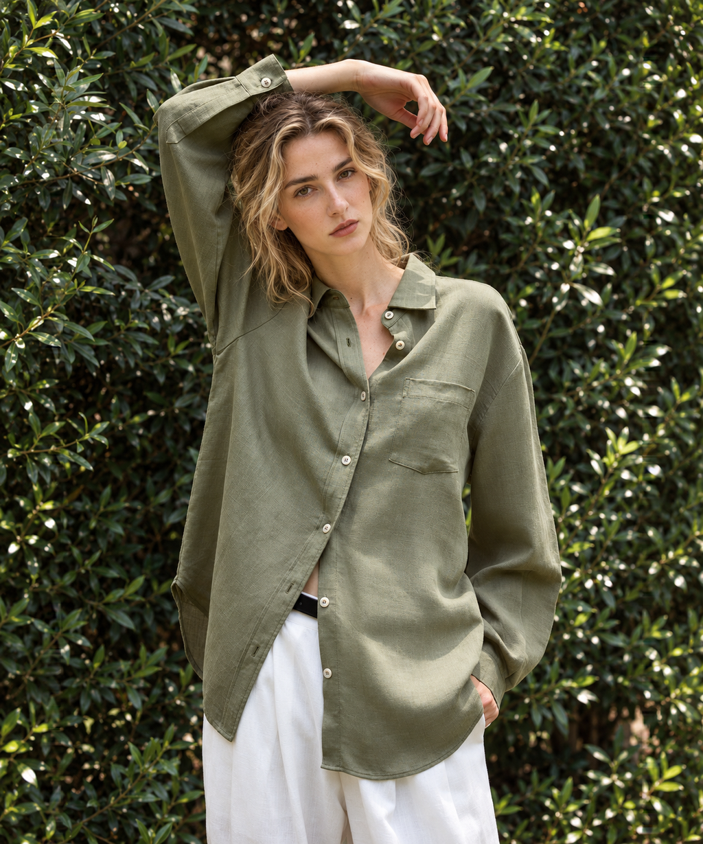 French Inspired Tie Waist Shirt — Sage — image 4