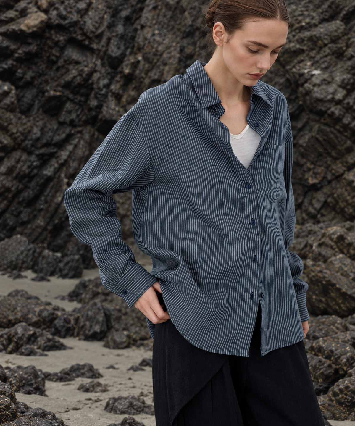 Striped Lyocell Linen Shirt — Blue Stripe — image 1