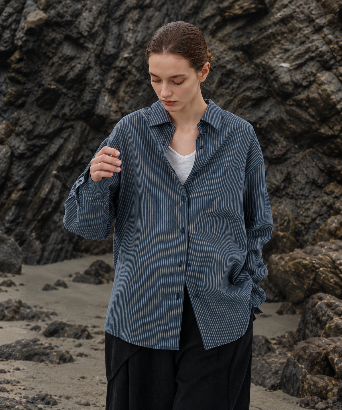 Striped Lyocell Linen Shirt — Blue Stripe — image 3