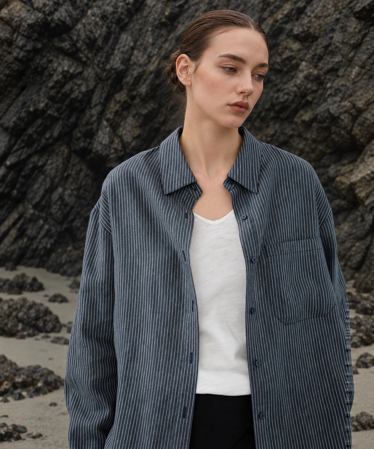 Striped Lyocell Linen Shirt — Blue Stripe — image 4
