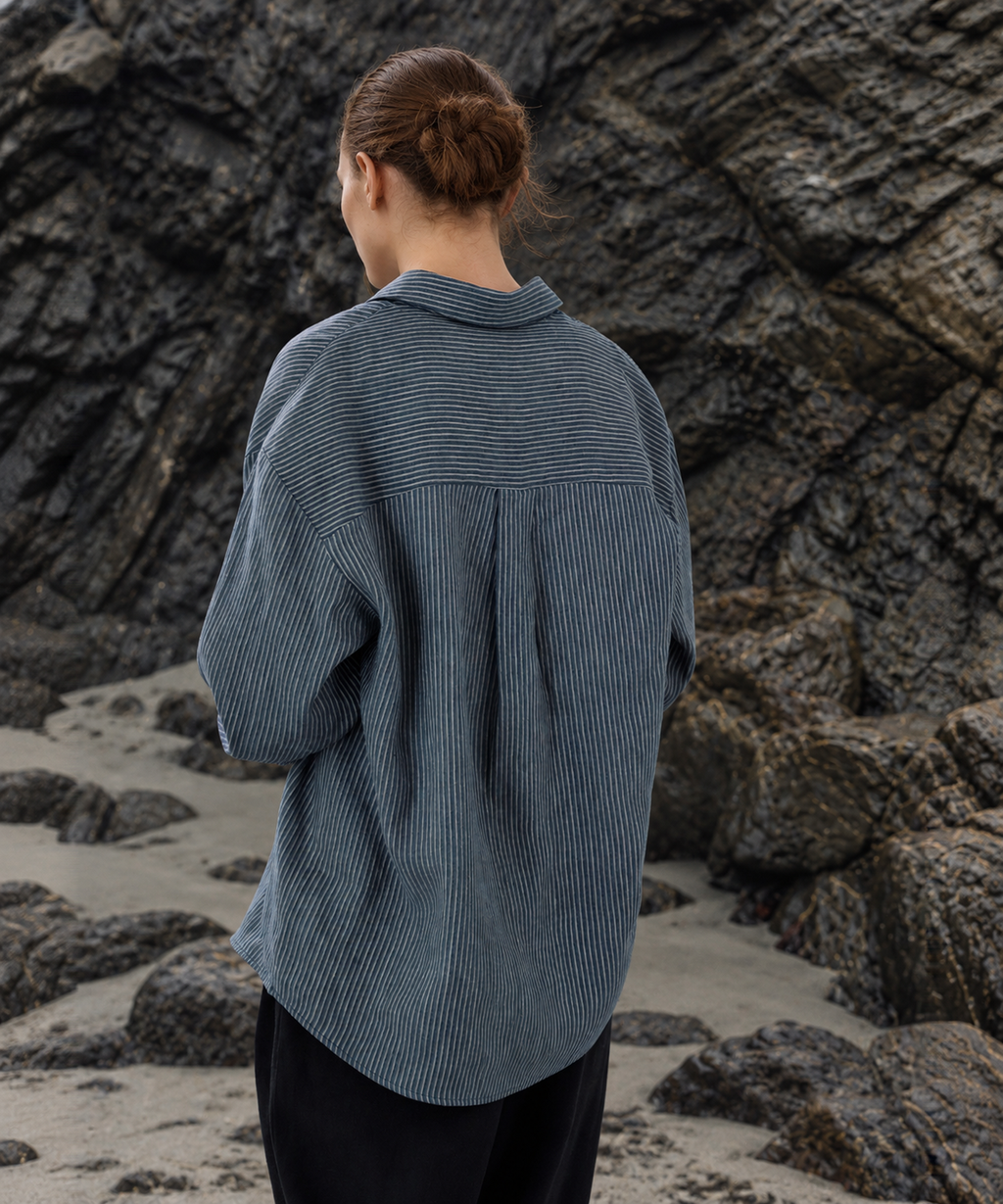 Striped Lyocell Linen Shirt — Blue Stripe — image 5