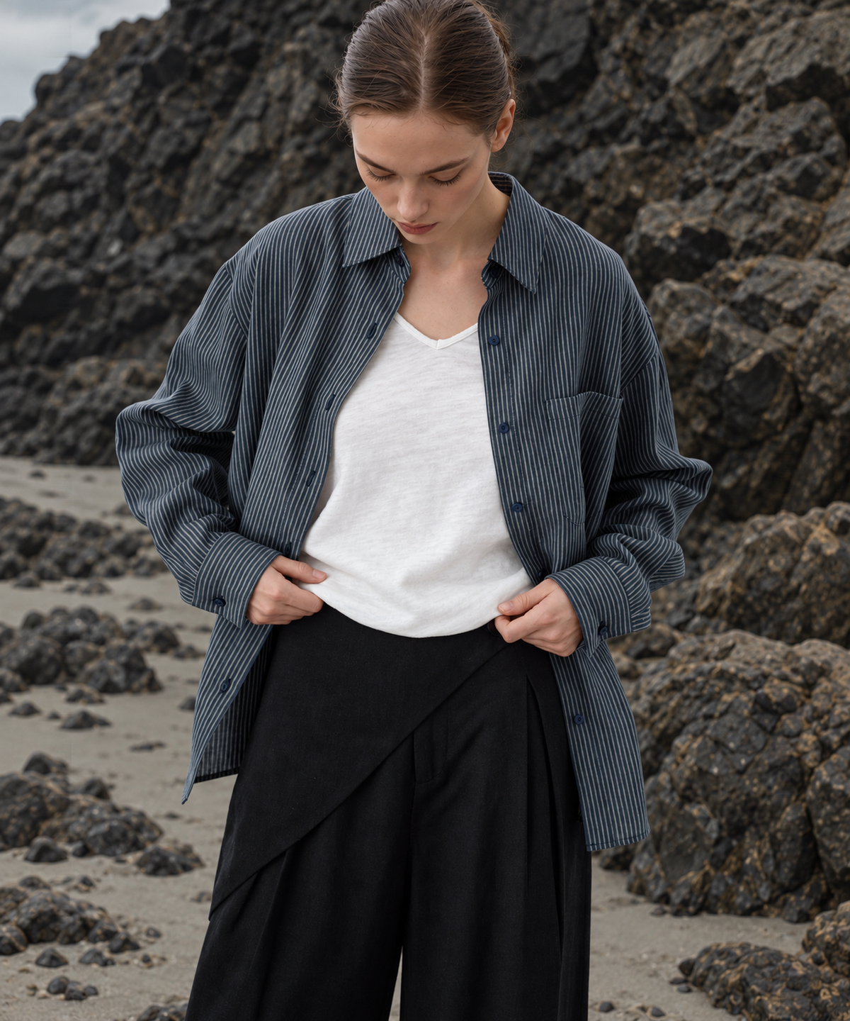 Striped Lyocell Linen Shirt — Blue Stripe — image 6