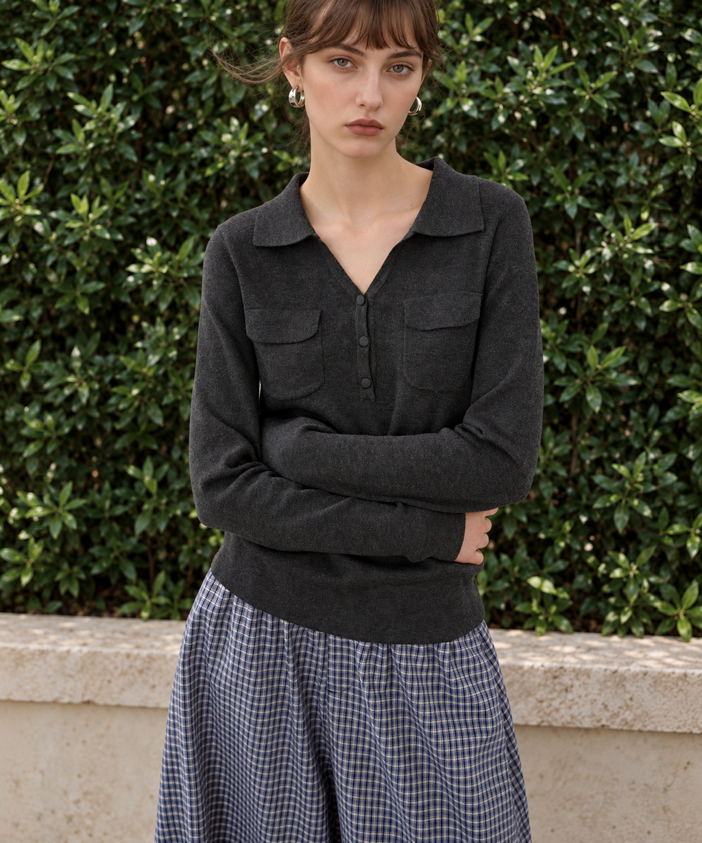 Old Money V-Neck Knit Top — Black — image 3