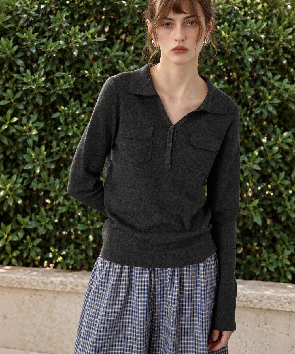 Old Money V-Neck Knit Top — Black — image 6