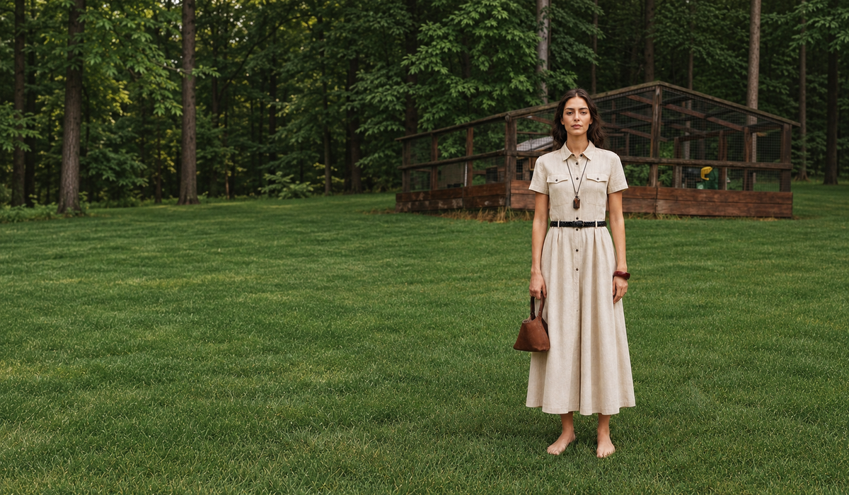 Shop New Arrivals — linen shirt dress in a woodland clearing